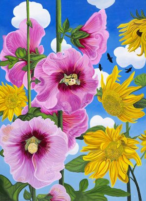 "Hollyhocks and Sunflowers"